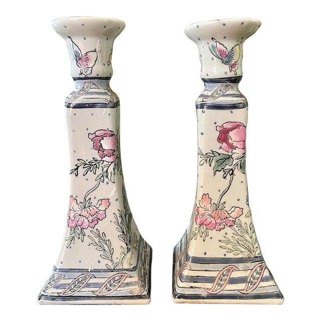 Pair of Vintage Chinoiserie 1980s Ceramic Candlestick Holders For Sale