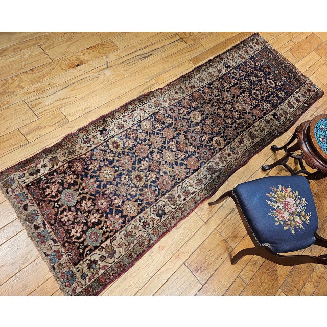 19th Century Persian Kurdish Bidjar Runner Rug, Hand-Knotted Wool, All Over Geometric Pattern, Blue & Ivory, 4x8 For Sale - Image 4 of 14