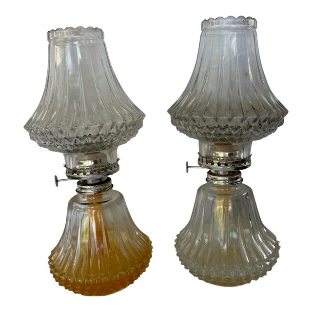 Set of 2 Vintage Diamond Cut Crystal Oil Burning Lamps For Sale