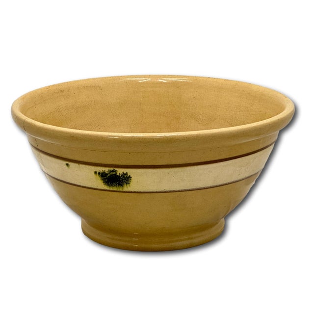 Large Size Antique Green Seaweed Decorated & Banded Yellow Ware Kitchen Mixing Bowl Circa Late 19th Century For Sale - Image 4 of 18