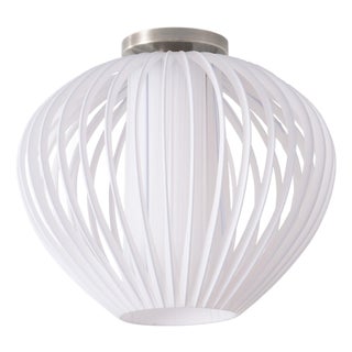 Bloom 14 Inch Flush Mount Ceiling Light by Nova of California, White Slatted Cage Globe Sphere - Satin Steel Canopy - Mid-Century Modern Kitchen Light For Sale