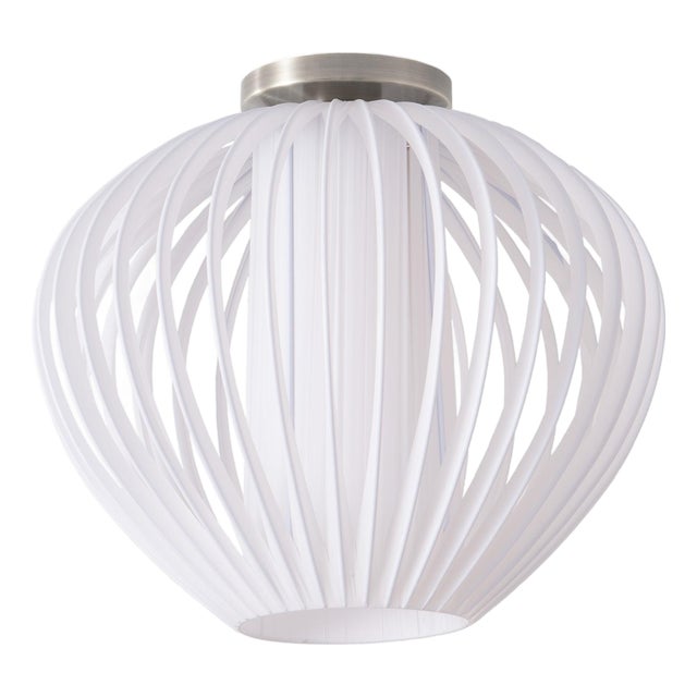 Bloom 14 Inch Flush Mount Ceiling Light by Nova of California, White Slatted Cage Globe Sphere - Satin Steel Canopy - Mid-Century Modern Kitchen Light For Sale