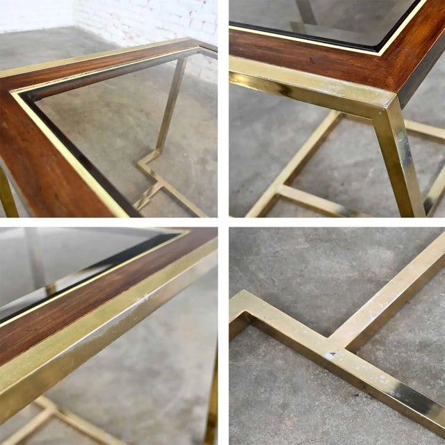 Modern End Tables 2 Sizes Brass Plated Dark Wood & Smoked Glass Rectangles by Thomasville Furniture Style of Milo Baughman, a Pair For Sale - Image 10 of 17