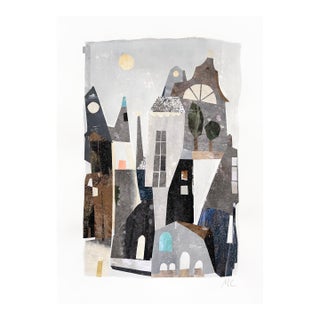 Trees on the Roof Top - Original Architectural Urban Landscape Mixed Media Collage on Paper For Sale