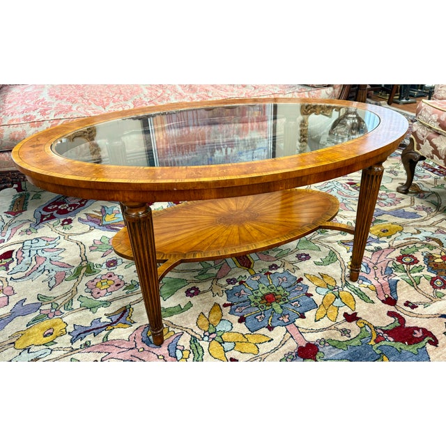 Maitland Smith Marquetry and Glass Oval Coffee Table For Sale In New York - Image 6 of 11
