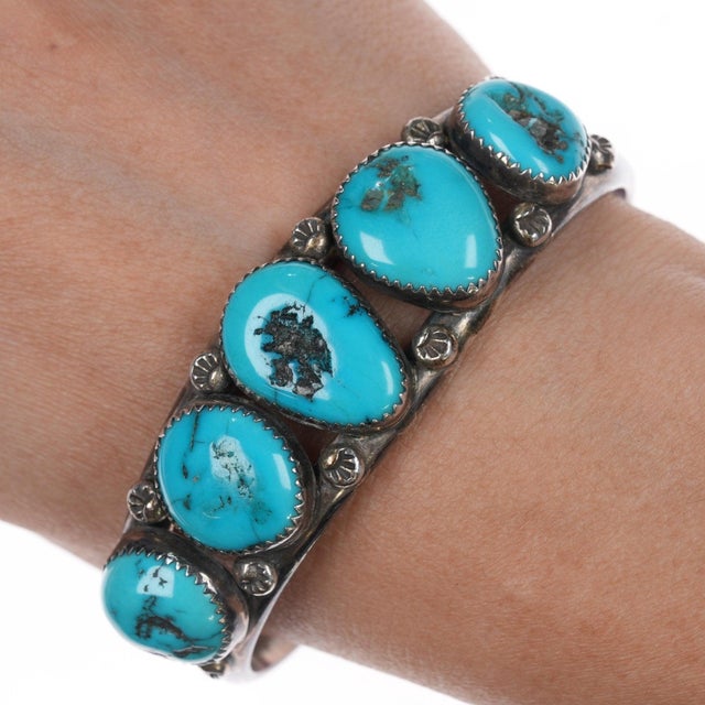 Native American 7" Y Vintage Native American Sterling turquoise row cuff bracelet For Sale - Image 3 of 11