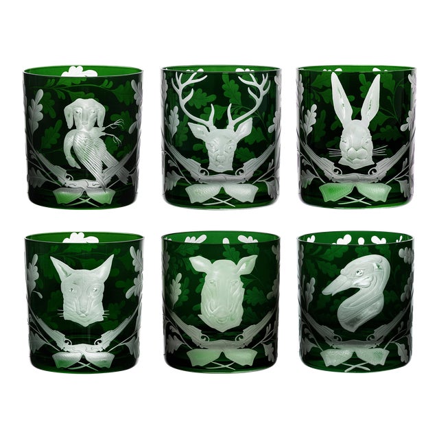 ARTEL Forest Folly Collection Double Old Fashioned Glasses in British Racer Green, Set of 6 For Sale