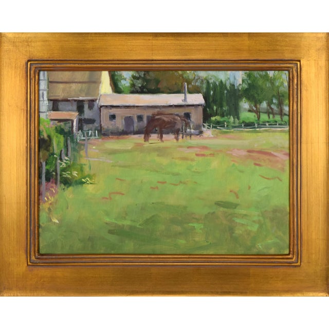 Vintage American Impressionist landscape painting of a field with a horse in front of a stable by Harry L Barton...