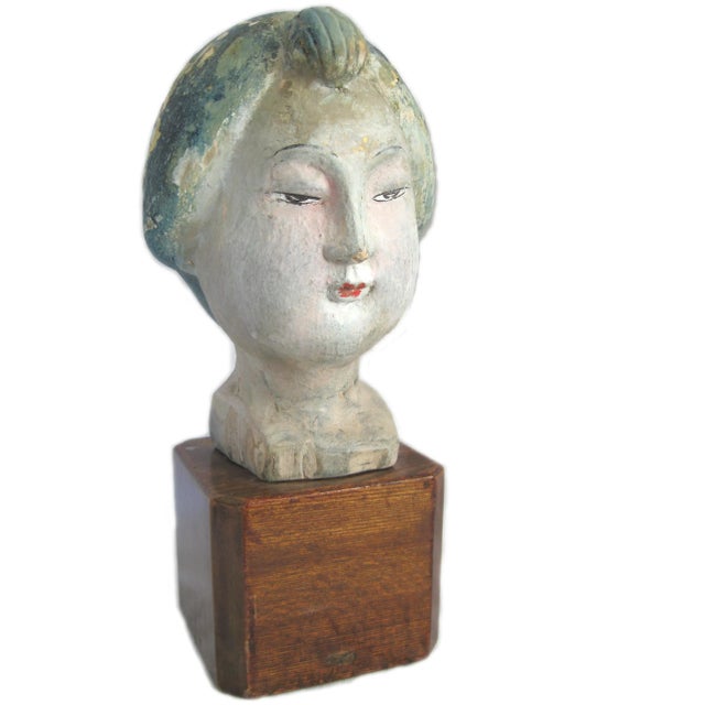 Hand-Carved Asian Head on Wood Stand For Sale In Los Angeles - Image 6 of 6