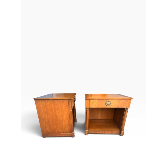 Brass 1960s Baker Furniture French Empire Neoclassical Cherry & Brass Nightstands — Pair For Sale - Image 8 of 14