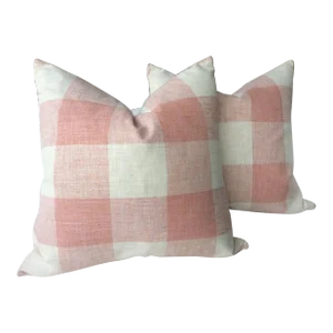 Contemporary Buffalo Check Linen Pillows in Blush Pink - a Pair