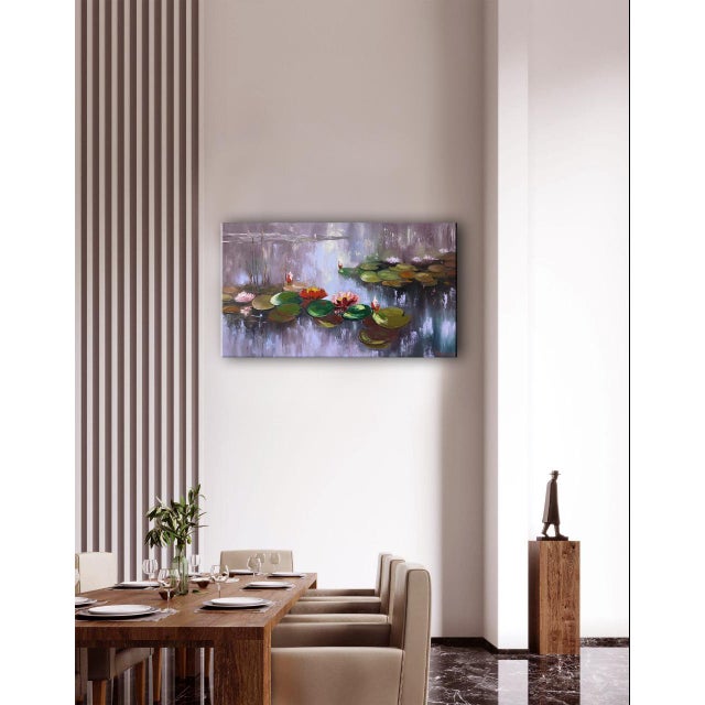 Created in 2025, Silent Waters by Ukrainian artist Iryna Dobrovinska depicts a vibrant scene of water lilies floating on...