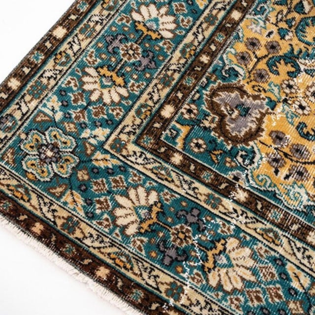 1960s Vintage 1960s Turkish Rug, Ivory & Teal With Saffron Spandrels, Kerman Style – 7'0" X 9'7" For Sale - Image 5 of 12