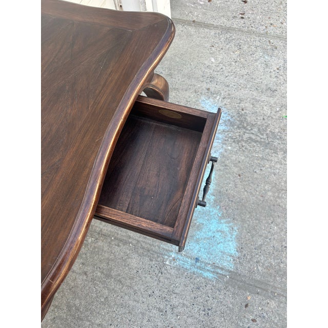 French Provincial Console Table, Louis XV Style Vanity Desk, Vintage Curved Leg Writing Table, Parquet Top Entryway Table, Solid Wood Table For Sale - Image 11 of 12
