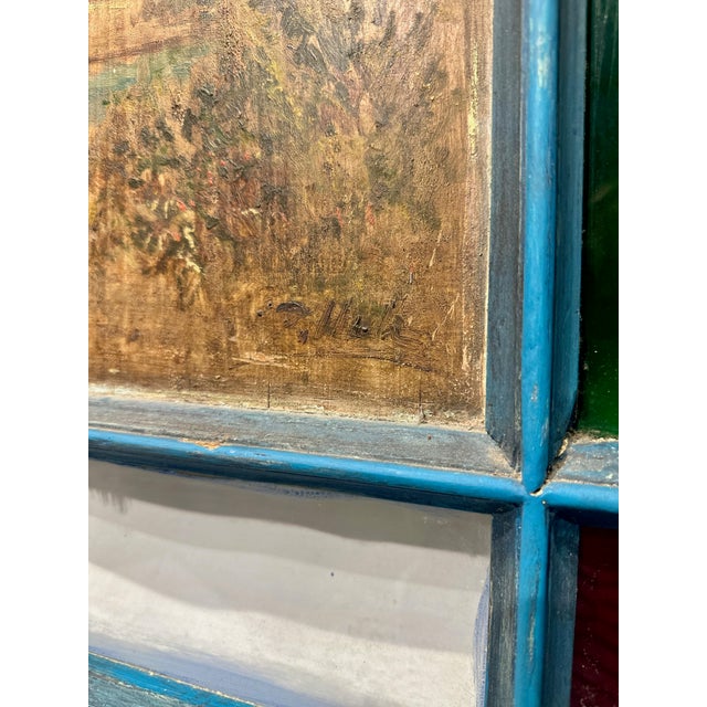Wood Antique Late 19th Century Blue Painted Moorish Style Stained Glass Door With Hand-Painted Landscape Panel For Sale - Image 7 of 15
