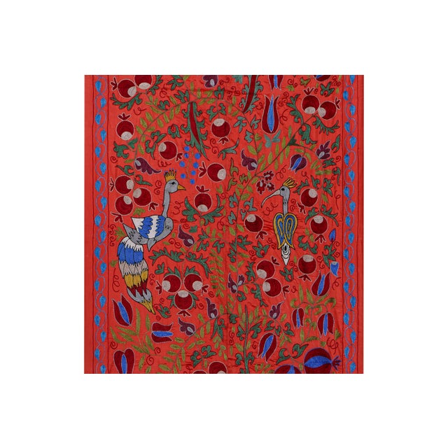 Red & Blue Uzbek Suzani Wall Hanging – Pomegranate Tree and Bird Embroidered Textile 3'4'' X 6'1'' For Sale - Image 4 of 12