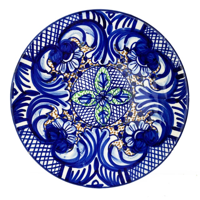 Large Spanish Handpainted Blue Ceramic Plate, 1950s For Sale - Image 11 of 11