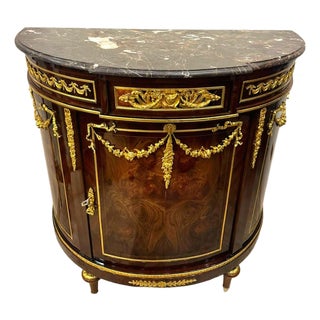 French Louis XVI Marble Top Demilune Sideboard Cabinet With Hand-Finished Gold Leaf & Premium Hardwood For Sale