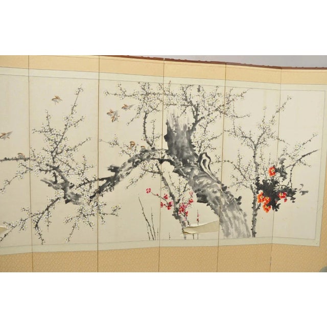 Beige Mid 20th Century Chinoiserie Japanese Cherry Blossom Byobu 8 Panel Folding Screen Room Divider For Sale - Image 8 of 12