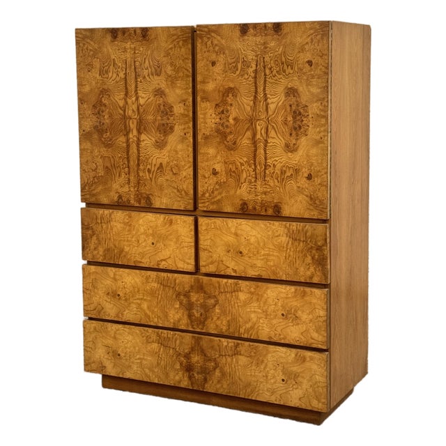 1970s Lane Mid Century Burl Wood Tall Dresser / Gentleman's Chest For Sale