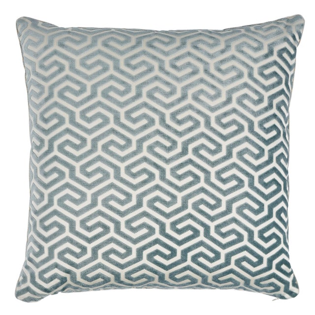 Mid-Century Modern Schumacher Ming Fret Velvet 24" Pillow in Mineral & White For Sale - Image 3 of 3