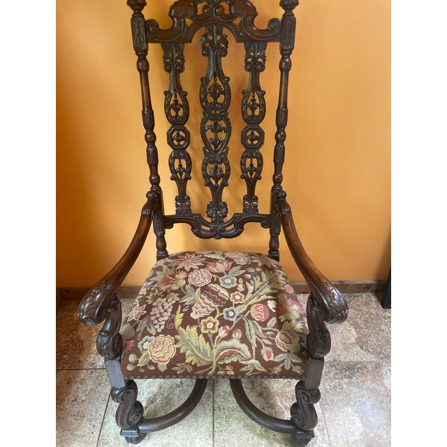 Antique Gothic Jacobean Style Carved Ornate Walnut Throne Accent Chair. Beautiful and excellent quality. Late 19th...