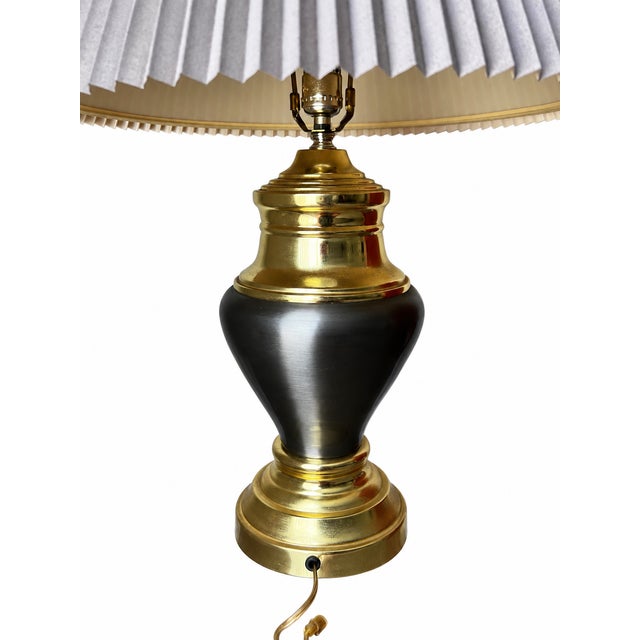 Metal Vintage Black and Gold-Tone Urn Table Lamp With Pleated Shade For Sale - Image 7 of 9
