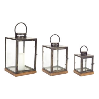 Metal Box Lantern with Wood Base (Set of 3) For Sale