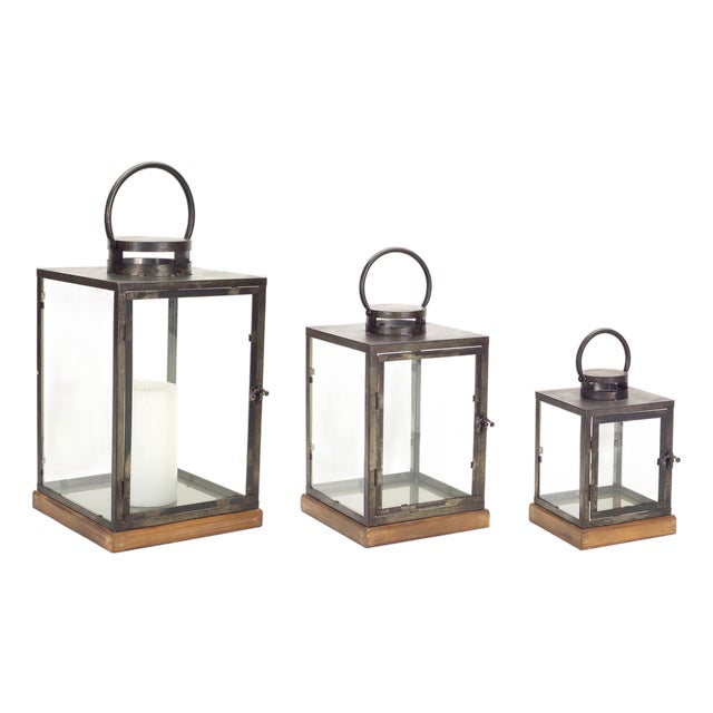 Metal Box Lantern with Wood Base (Set of 3) For Sale