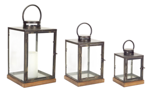 Metal Box Lantern with Wood Base (Set of 3)