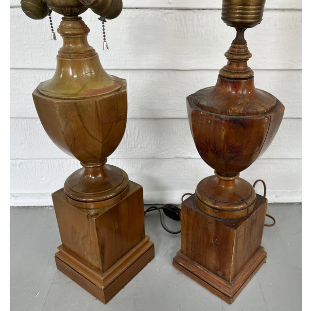 1930's English Carved Wood Urn Form Library Table Lamps - a Set of 2 For Sale - Image 11 of 13