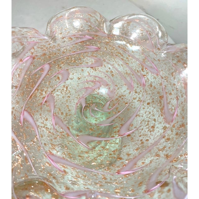 Tall Vintage Blown Pink Gold Flek Glass Italian Centerpiece Footed Bowl Murano For Sale - Image 9 of 11