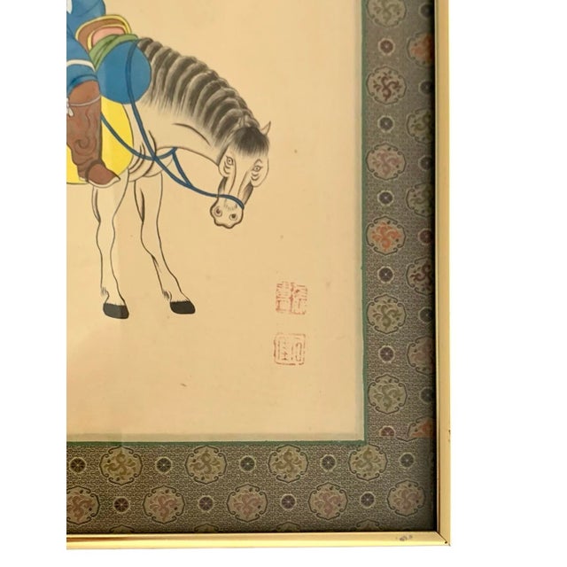 Vintage Framed Chinese Horseman and Falcon Painting on Silk Matting Wall Art For Sale In Tulsa - Image 6 of 7