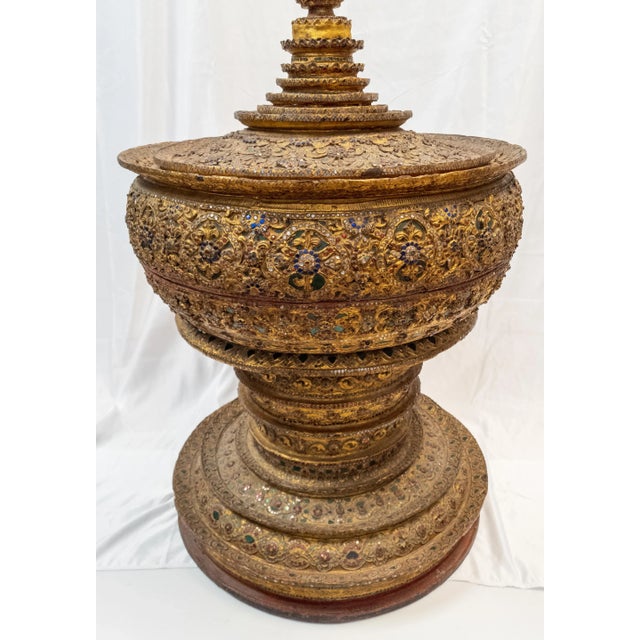 Glass Huge Burmese Gilded Lacquer Offering Bowl in Stupa Form. For Sale - Image 7 of 13