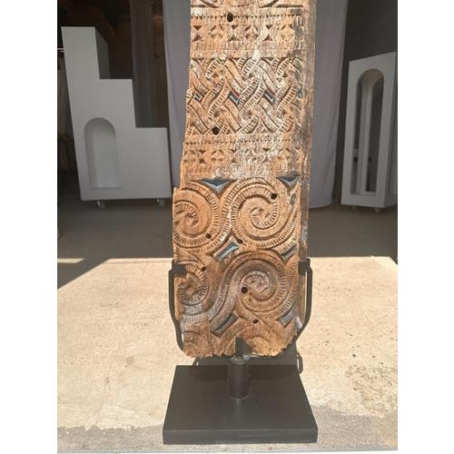 Wood Indonesian Construction Element in Carved Wood Mounted on a Base with Geometric and Figurative Rooster Motifs For Sale - Image 7 of 18