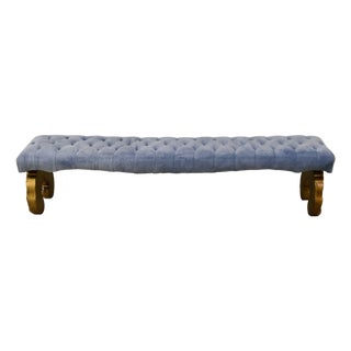 1970s Hollywood Regency Style Tufted Light Blue Velvet Bench For Sale