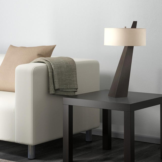 2020s Obelisk Table Lamp - Dark Walnut Wood, White Cotton-Linen Shade For Sale - Image 5 of 9