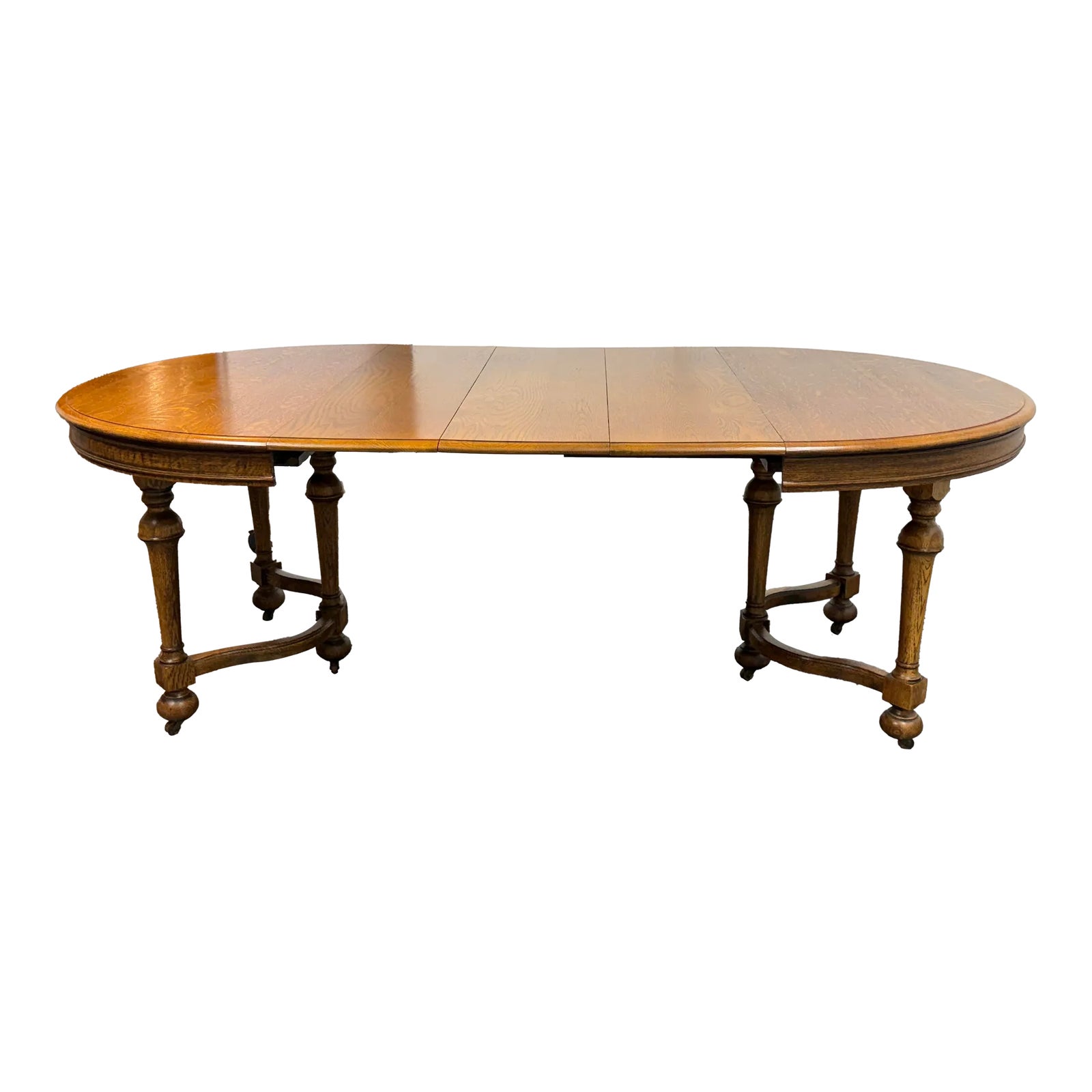 Antique Round Extension Tiger Oak Wood Dining Table + Casters | Chairish