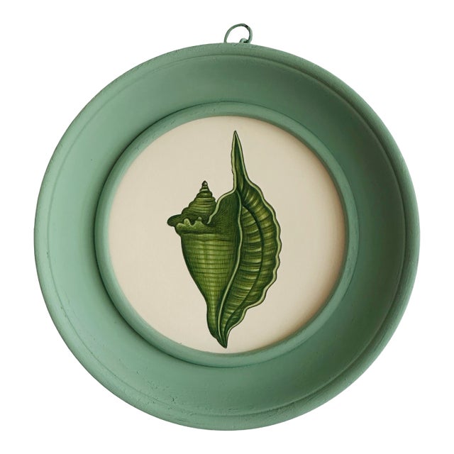 Original Hand-Painted Green Seashell Painting in a Vintage Hand-Painted Frame For Sale