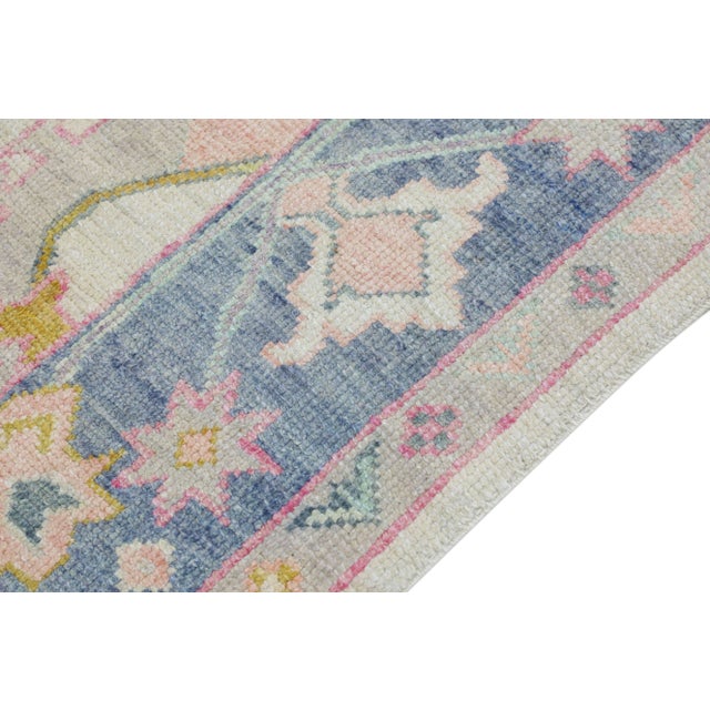 Early 21st Century Blue & Pink Handwoven Wool Turkish Oushak Rug 5'7" X 6'5" For Sale - Image 4 of 9