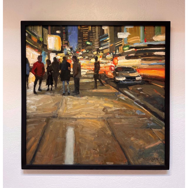 The painting captures a bustling urban scene at night, where figures gather on a sidewalk illuminated by vibrant city...