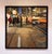 The painting captures a bustling urban scene at night, where figures gather on a sidewalk illuminated by vibrant city...