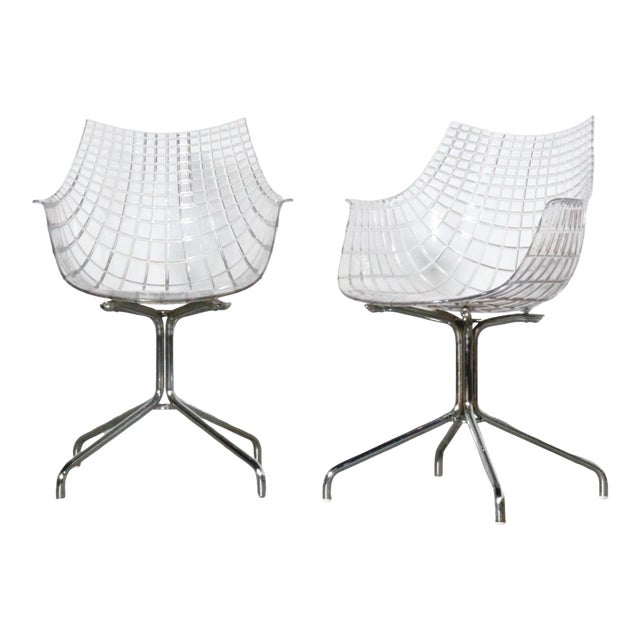 Minimalist Chrome and Molded Lucite Cage Armchairs - a Pair For Sale