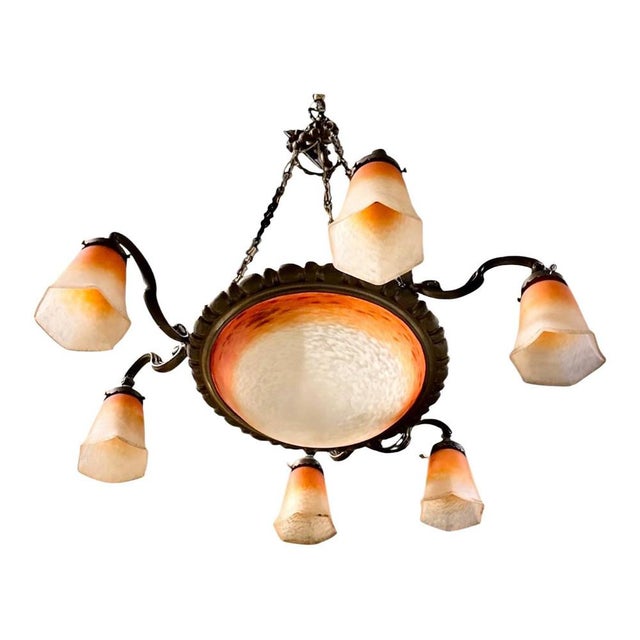 French Art Deco Glass 7-Light Chandelier from Schneider, 1920s For Sale - Image 6 of 6