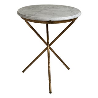 Vintage Gilt Faux Bamboo Tripod Base Gueridon Drinks Table / Side Table With Carrara Marble Top For Sale