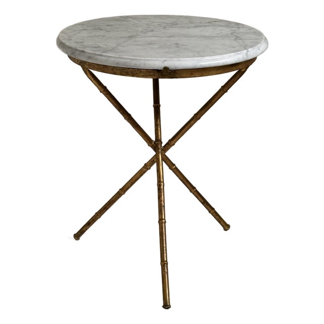 Vintage Gilt Faux Bamboo Tripod Base Gueridon Drinks Table / Side Table With Carrara Marble Top For Sale