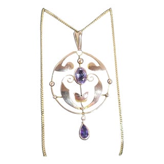Art Nouveau 9ct Yellow Gold Amethyst Openwork Pendant, 1900 For Sale