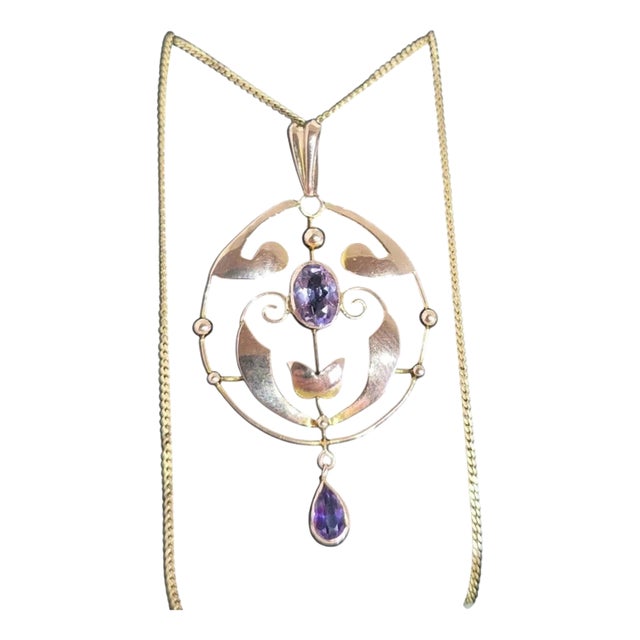 Art Nouveau 9ct Yellow Gold Amethyst Openwork Pendant, 1900 For Sale