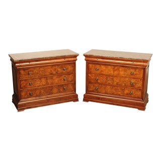 Early 21st Century Ethan Allen Louis Philippe Style Burl Wood Marble Top Commodes - A Pair For Sale