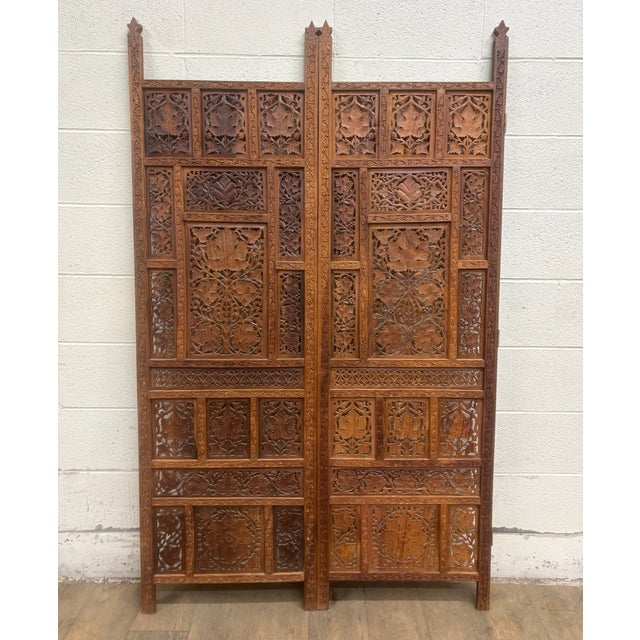 Vintage Hand Carved Two Panel Teak Room Divider Folding Screen For Sale - Image 11 of 14
